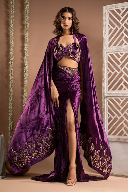 Ahi Clothing Purple Velvet Embroidered Mirror Sweetheart Zardozi Bustier Draped Skirt Set 