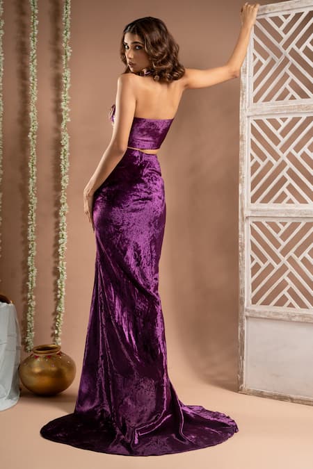 Shop Ahi Clothing Purple Velvet, Linen Mirrors, Zari Zardozi Embroidered Bustier Draped Skirt Set at Aza Fashions Shop_Ahi Clothing_Purple Velvet, Linen Mirrors, Zari Zardozi Embroidered Bustier Draped Skirt Set _at_Aza_Fashions
