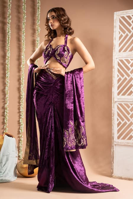 Buy Ahi Clothing Purple Velvet, Linen Mirrors, Zari Zardozi Embroidered Bustier Draped Skirt Set Online at Aza Fashions Buy_Ahi Clothing_Purple Velvet, Linen Mirrors, Zari Zardozi Embroidered Bustier Draped Skirt Set _Online_at_Aza_Fashions