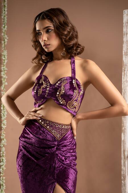 Ahi Clothing Purple Velvet, Linen Mirrors, Zari Zardozi Embroidered Bustier Draped Skirt Set at Aza Fashions Ahi Clothing_Purple Velvet, Linen Mirrors, Zari Zardozi Embroidered Bustier Draped Skirt Set _at_Aza_Fashions