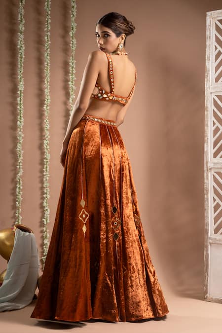 Shop_Ahi Clothing_Orange Velvet Mirrors, Zari, Metallic Embroidered Slit Lehenga With Blouse _at_Aza_Fashions