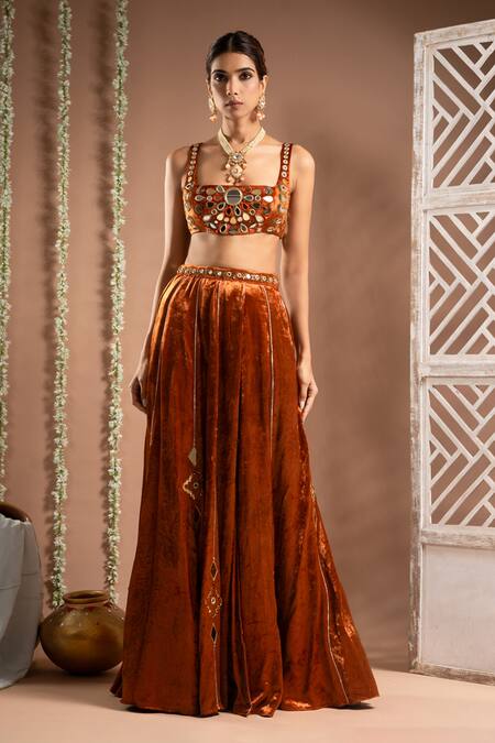 Ahi Clothing_Orange Velvet Mirrors, Zari, Metallic Embroidered Slit Lehenga With Blouse _Online_at_Aza_Fashions