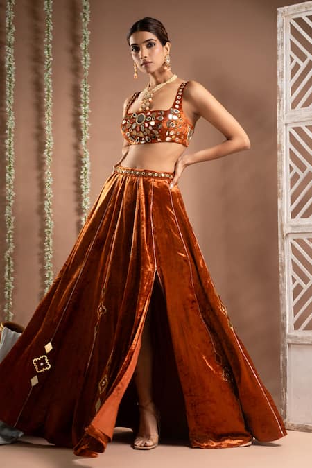 Buy_Ahi Clothing_Orange Velvet Mirrors, Zari, Metallic Embroidered Slit Lehenga With Blouse _Online_at_Aza_Fashions