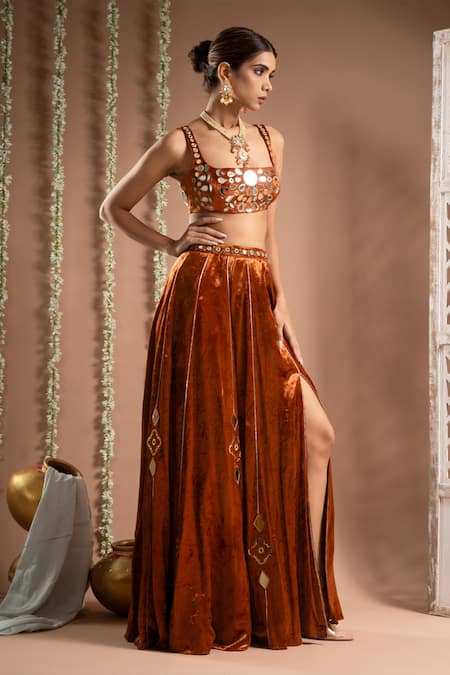 Shop_Ahi Clothing_Orange Velvet Mirrors, Zari, Metallic Embroidered Slit Lehenga With Blouse _Online_at_Aza_Fashions