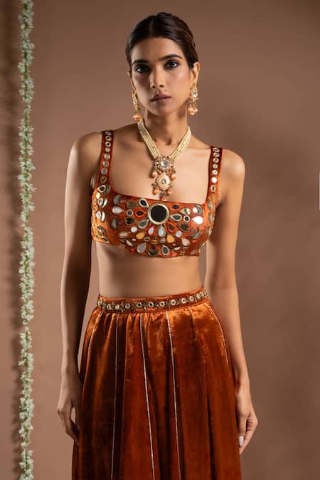 Ahi Clothing_Orange Velvet Mirrors, Zari, Metallic Embroidered Slit Lehenga With Blouse _at_Aza_Fashions