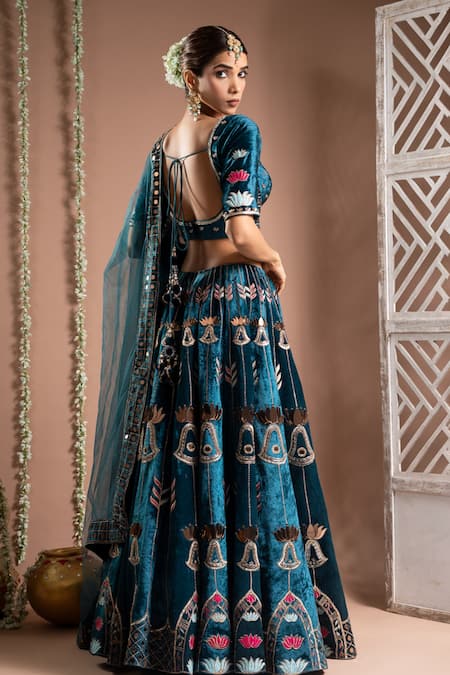 Shop Ahi Clothing Blue Velvet, Net, Hemp Mirrors, Embroidery, Zari Asymmetric Zardozi Lehenga Set at Aza Fashions Shop_Ahi Clothing_Blue Velvet, Net, Hemp Mirrors, Embroidery, Zari Asymmetric Zardozi Lehenga Set _at_Aza_Fashions