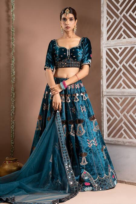 Buy Ahi Clothing Blue Velvet, Net, Hemp Mirrors, Embroidery, Zari Asymmetric Zardozi Lehenga Set Online at Aza Fashions Buy_Ahi Clothing_Blue Velvet, Net, Hemp Mirrors, Embroidery, Zari Asymmetric Zardozi Lehenga Set _Online_at_Aza_Fashions