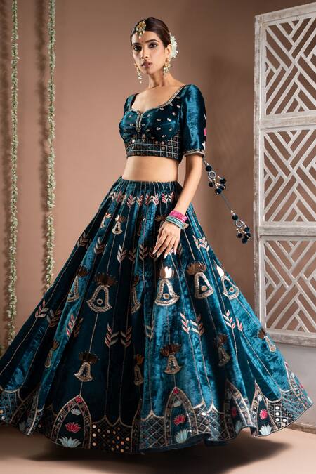 Shop Ahi Clothing Blue Velvet, Net, Hemp Mirrors, Embroidery, Zari Asymmetric Zardozi Lehenga Set Online at Aza Fashions Shop_Ahi Clothing_Blue Velvet, Net, Hemp Mirrors, Embroidery, Zari Asymmetric Zardozi Lehenga Set _Online_at_Aza_Fashions