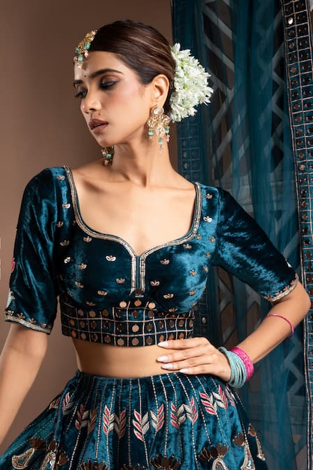 Ahi Clothing Blue Velvet, Net, Hemp Mirrors, Embroidery, Zari Asymmetric Zardozi Lehenga Set at Aza Fashions Ahi Clothing_Blue Velvet, Net, Hemp Mirrors, Embroidery, Zari Asymmetric Zardozi Lehenga Set _at_Aza_Fashions