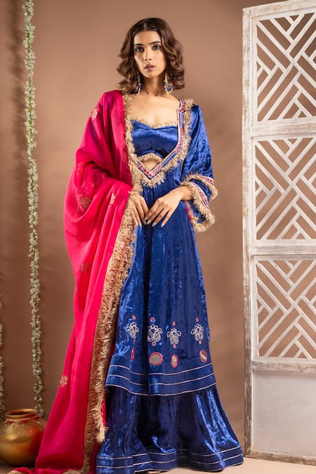 Ahi Clothing Blue Velvet Embroidered Mirror Anarkali Plunge V Paisley Handwork Palazzo Set 