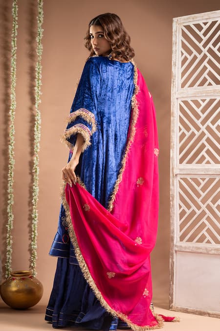 Shop_Ahi Clothing_Blue Velvet, Organza Mirrors, Zari, Lace, Paisley Handwork Anarkali Palazzo Set _at_Aza_Fashions