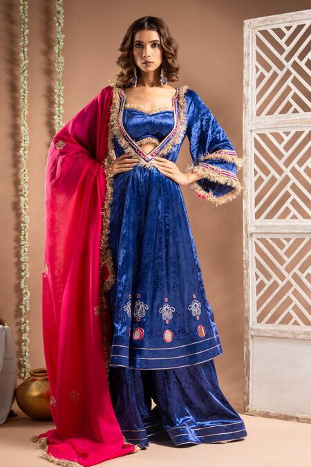 Ahi Clothing_Blue Velvet, Organza Mirrors, Zari, Lace, Paisley Handwork Anarkali Palazzo Set _Online_at_Aza_Fashions