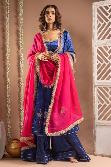 Buy_Ahi Clothing_Blue Velvet, Organza Mirrors, Zari, Lace, Paisley Handwork Anarkali Palazzo Set _Online_at_Aza_Fashions