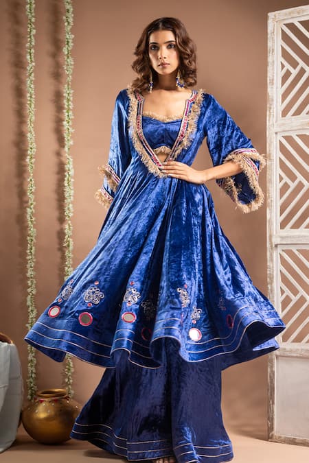 Shop_Ahi Clothing_Blue Velvet, Organza Mirrors, Zari, Lace, Paisley Handwork Anarkali Palazzo Set _Online_at_Aza_Fashions