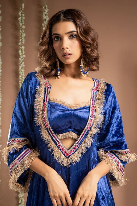 Ahi Clothing_Blue Velvet, Organza Mirrors, Zari, Lace, Paisley Handwork Anarkali Palazzo Set _at_Aza_Fashions