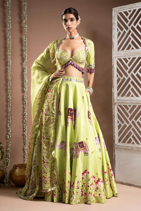 Ahi Clothing Green Heavy Crepe Embroidered Zari Sweetheart Elephant Digital Print Lehenga Set 