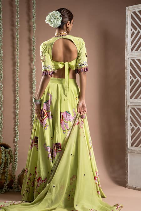 Shop Ahi Clothing Green Crepe, Organza Cut Work, Mirrors Elephant Digital Print Lehenga Set at Aza Fashions Shop_Ahi Clothing_Green Crepe, Organza Cut Work, Mirrors Elephant Digital Print Lehenga Set _at_Aza_Fashions