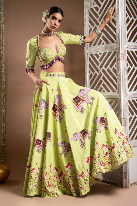 Ahi Clothing Green Crepe, Organza Cut Work, Mirrors Elephant Digital Print Lehenga Set Online at Aza Fashions Ahi Clothing_Green Crepe, Organza Cut Work, Mirrors Elephant Digital Print Lehenga Set _Online_at_Aza_Fashions