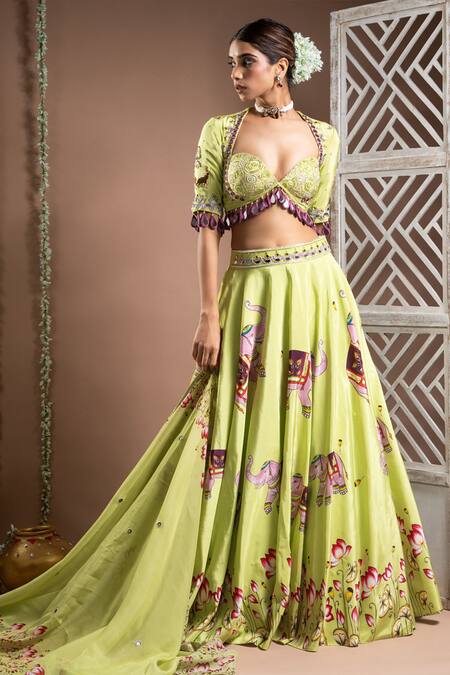 Buy Ahi Clothing Green Crepe, Organza Cut Work, Mirrors Elephant Digital Print Lehenga Set Online at Aza Fashions Buy_Ahi Clothing_Green Crepe, Organza Cut Work, Mirrors Elephant Digital Print Lehenga Set _Online_at_Aza_Fashions