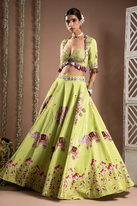 Shop Ahi Clothing Green Crepe, Organza Cut Work, Mirrors Elephant Digital Print Lehenga Set Online at Aza Fashions Shop_Ahi Clothing_Green Crepe, Organza Cut Work, Mirrors Elephant Digital Print Lehenga Set _Online_at_Aza_Fashions