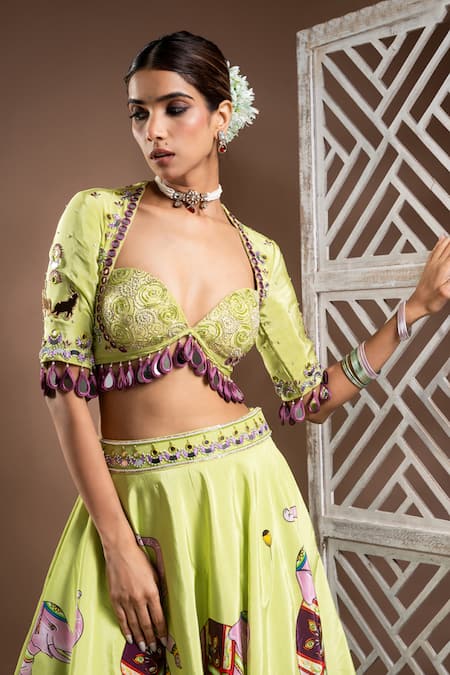 Ahi Clothing Green Crepe, Organza Cut Work, Mirrors Elephant Digital Print Lehenga Set at Aza Fashions Ahi Clothing_Green Crepe, Organza Cut Work, Mirrors Elephant Digital Print Lehenga Set _at_Aza_Fashions