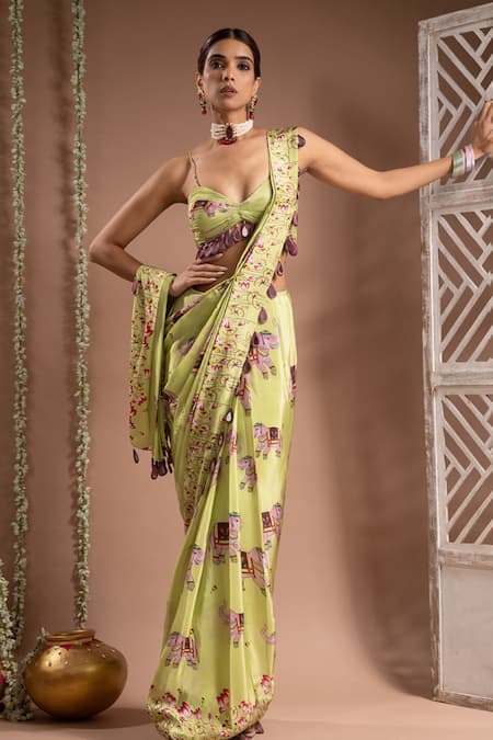 Ahi Clothing Green Heavy Crepe Elephant Digital Print Pre-draped Saree With Bustier 