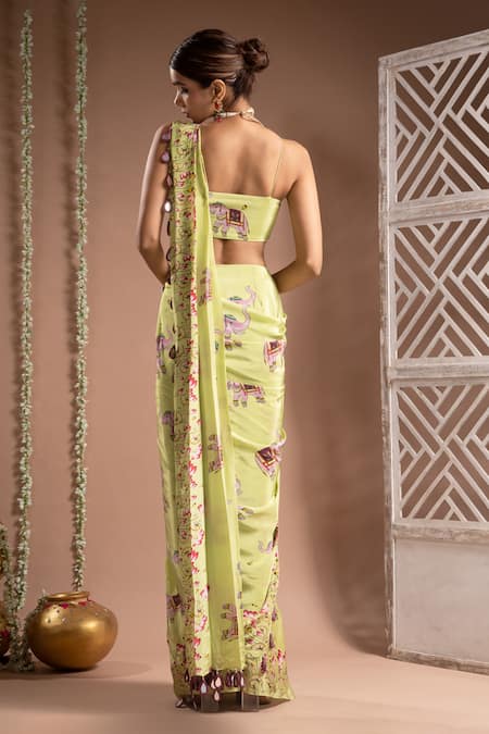 Shop Ahi Clothing Green Crepe, Linen Mirrors Elephant Digital Print Pre-draped Saree With Bustier at Aza Fashions Shop_Ahi Clothing_Green Crepe, Linen Mirrors Elephant Digital Print Pre-draped Saree With Bustier _at_Aza_Fashions