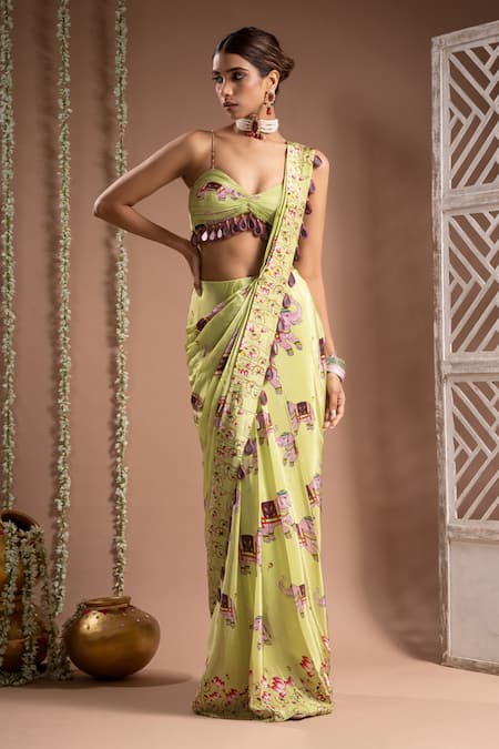 Ahi Clothing Green Crepe, Linen Mirrors Elephant Digital Print Pre-draped Saree With Bustier Online at Aza Fashions Ahi Clothing_Green Crepe, Linen Mirrors Elephant Digital Print Pre-draped Saree With Bustier _Online_at_Aza_Fashions