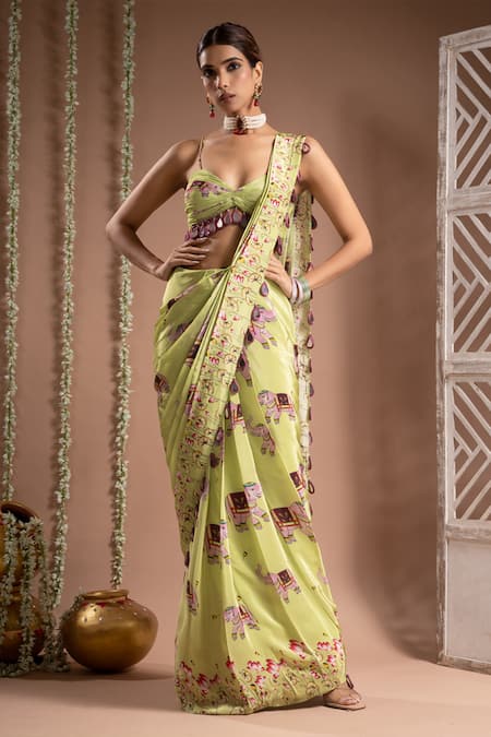 Buy Ahi Clothing Green Crepe, Linen Mirrors Elephant Digital Print Pre-draped Saree With Bustier Online at Aza Fashions Buy_Ahi Clothing_Green Crepe, Linen Mirrors Elephant Digital Print Pre-draped Saree With Bustier _Online_at_Aza_Fashions