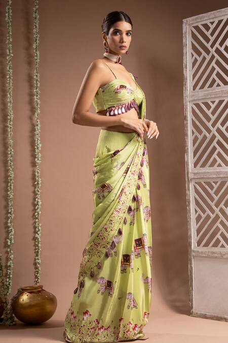 Shop Ahi Clothing Green Crepe, Linen Mirrors Elephant Digital Print Pre-draped Saree With Bustier Online at Aza Fashions Shop_Ahi Clothing_Green Crepe, Linen Mirrors Elephant Digital Print Pre-draped Saree With Bustier _Online_at_Aza_Fashions