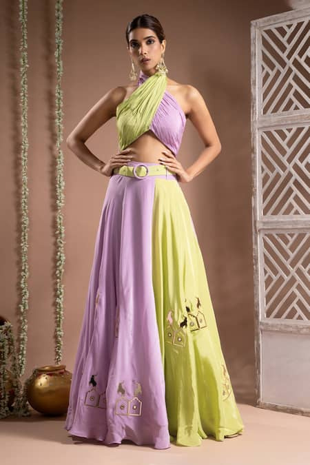 Ahi Clothing Green Heavy Crepe Embellished Mirror Handwork Two Tone Lehenga With Bustier 