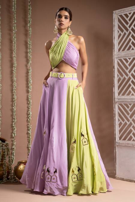 Ahi Clothing Green Crepe, Linen Mirrors, Zari, Handwork Two Tone Lehenga With Bustier Online at Aza Fashions Ahi Clothing_Green Crepe, Linen Mirrors, Zari, Handwork Two Tone Lehenga With Bustier _Online_at_Aza_Fashions