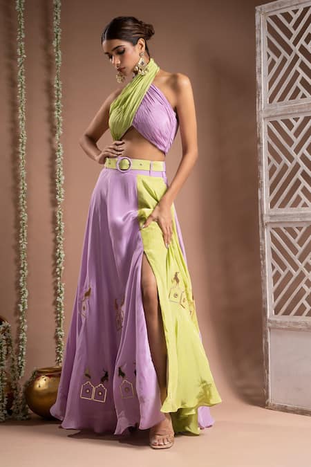 Buy Ahi Clothing Green Crepe, Linen Mirrors, Zari, Handwork Two Tone Lehenga With Bustier Online at Aza Fashions Buy_Ahi Clothing_Green Crepe, Linen Mirrors, Zari, Handwork Two Tone Lehenga With Bustier _Online_at_Aza_Fashions