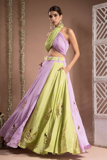 Shop Ahi Clothing Green Crepe, Linen Mirrors, Zari, Handwork Two Tone Lehenga With Bustier Online at Aza Fashions Shop_Ahi Clothing_Green Crepe, Linen Mirrors, Zari, Handwork Two Tone Lehenga With Bustier _Online_at_Aza_Fashions