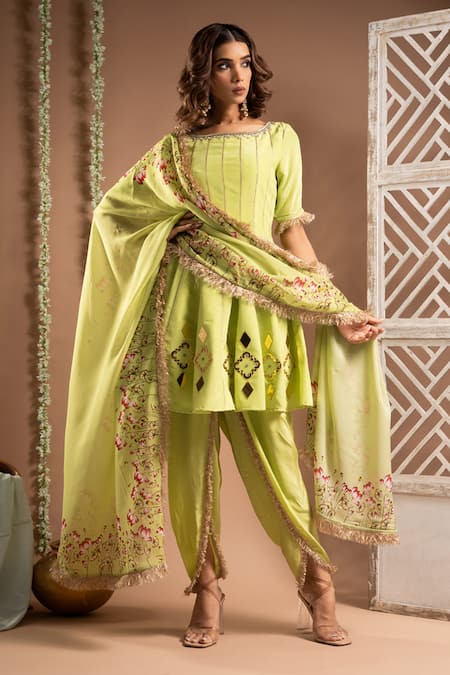 Ahi Clothing Green Heavy Crepe Embroidered Zari Handwork Short Anarkali Tulip Salwar Set 