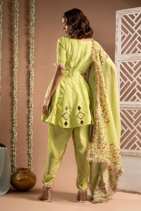Shop Ahi Clothing Green Crepe, Organza Mirrors, Zari, Handwork Short Anarkali Tulip Salwar Set at Aza Fashions Shop_Ahi Clothing_Green Crepe, Organza Mirrors, Zari, Handwork Short Anarkali Tulip Salwar Set _at_Aza_Fashions
