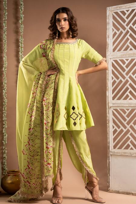 Ahi Clothing Green Crepe, Organza Mirrors, Zari, Handwork Short Anarkali Tulip Salwar Set Online at Aza Fashions Ahi Clothing_Green Crepe, Organza Mirrors, Zari, Handwork Short Anarkali Tulip Salwar Set _Online_at_Aza_Fashions