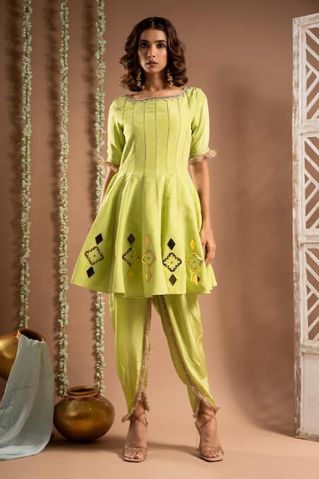 Buy Ahi Clothing Green Crepe, Organza Mirrors, Zari, Handwork Short Anarkali Tulip Salwar Set Online at Aza Fashions Buy_Ahi Clothing_Green Crepe, Organza Mirrors, Zari, Handwork Short Anarkali Tulip Salwar Set _Online_at_Aza_Fashions
