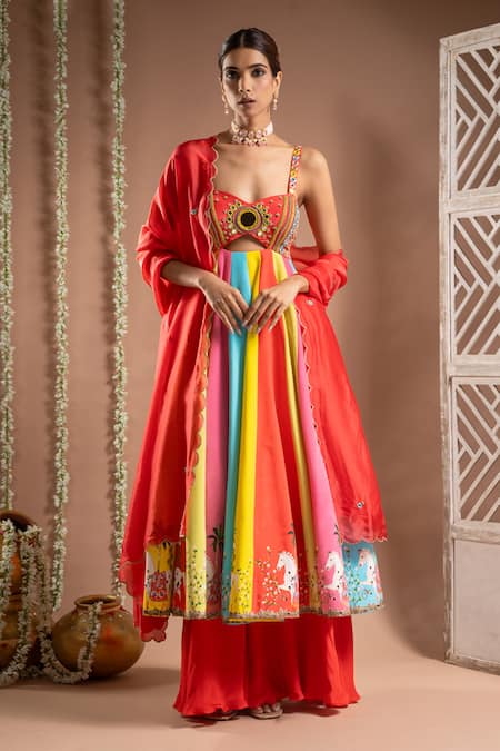 Ahi Clothing Multi Color Heavy Crepe Embroidered Horse Print Cut-out Anarkali Palazzo Set 