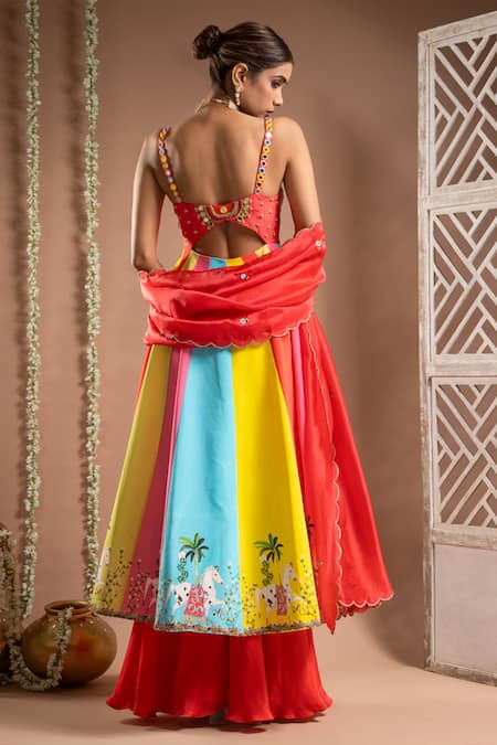 Shop_Ahi Clothing_Multi Color Hemp, Crepe, Organza Horse Print Cut-out Anarkali Palazzo Set _at_Aza_Fashions