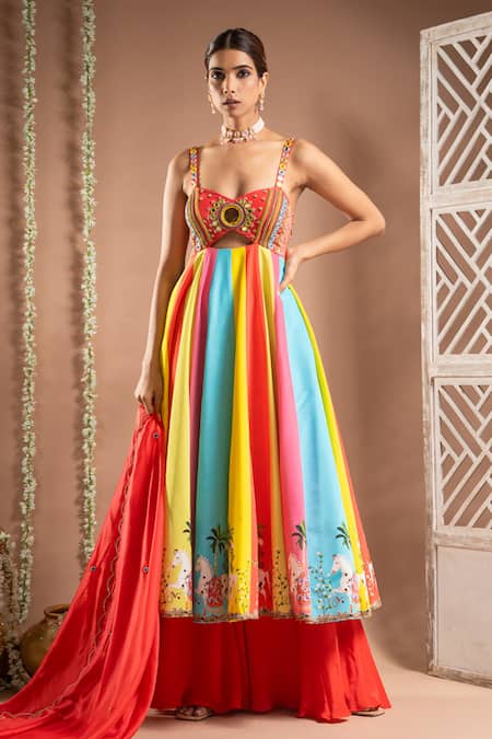 Ahi Clothing_Multi Color Hemp, Crepe, Organza Horse Print Cut-out Anarkali Palazzo Set _Online_at_Aza_Fashions