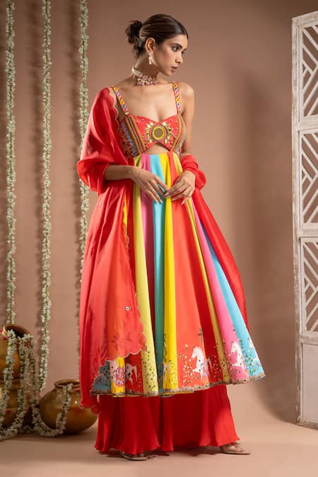 Buy_Ahi Clothing_Multi Color Hemp, Crepe, Organza Horse Print Cut-out Anarkali Palazzo Set _Online_at_Aza_Fashions