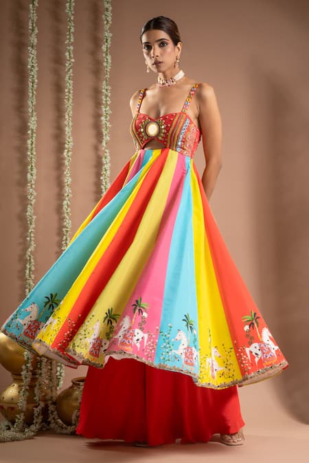 Shop_Ahi Clothing_Multi Color Hemp, Crepe, Organza Horse Print Cut-out Anarkali Palazzo Set _Online_at_Aza_Fashions