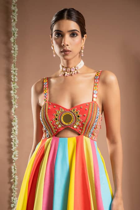 Ahi Clothing_Multi Color Hemp, Crepe, Organza Horse Print Cut-out Anarkali Palazzo Set _at_Aza_Fashions
