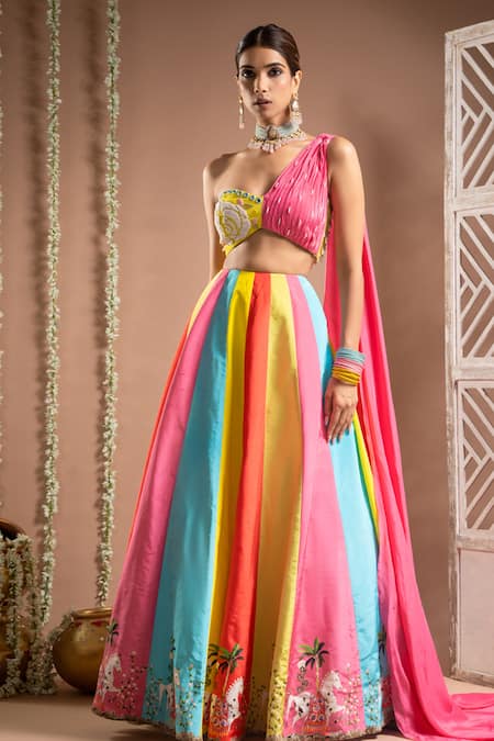 Ahi Clothing Multi Color Heavy Crepe Embroidered Horse Print Panelled Lehenga With Bustier 