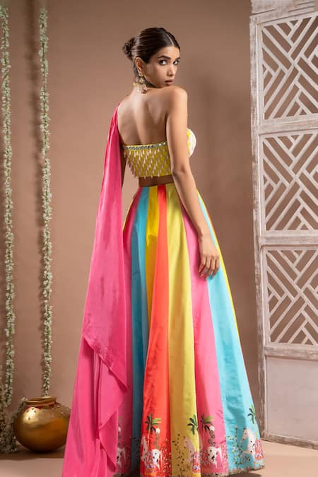 Shop_Ahi Clothing_Multi Color Crepe Horse Print Panelled Lehenga With Embroidered Bustier _at_Aza_Fashions