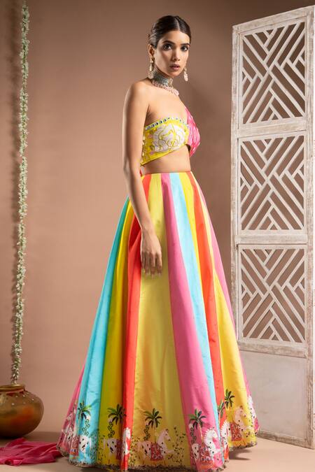 Ahi Clothing_Multi Color Crepe Horse Print Panelled Lehenga With Embroidered Bustier _Online_at_Aza_Fashions