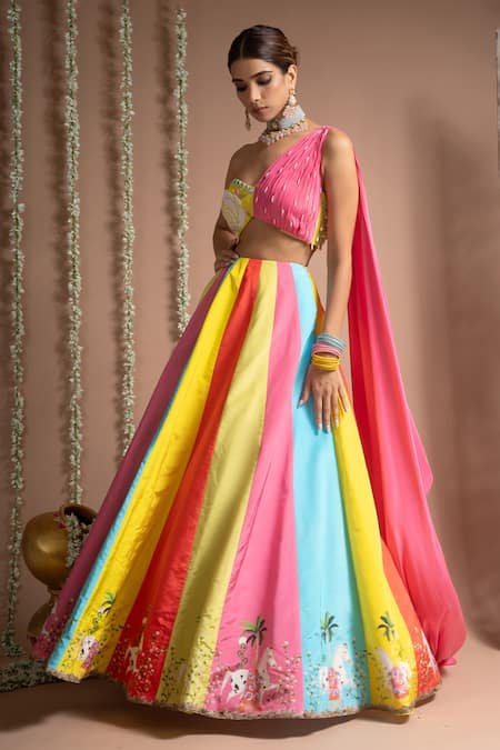 Buy_Ahi Clothing_Multi Color Crepe Horse Print Panelled Lehenga With Embroidered Bustier _Online_at_Aza_Fashions