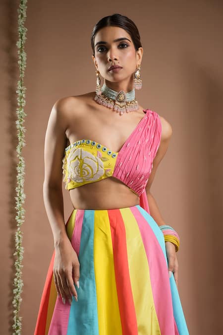 Shop_Ahi Clothing_Multi Color Crepe Horse Print Panelled Lehenga With Embroidered Bustier _Online_at_Aza_Fashions