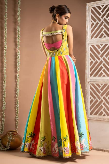 Shop_Ahi Clothing_Multi Color Crepe, Satin Mirrors, Horse Print Panelled Anarkali With Bustier _at_Aza_Fashions